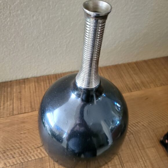 Vintage Modernist Black Vase with Ribbed Silver Neck